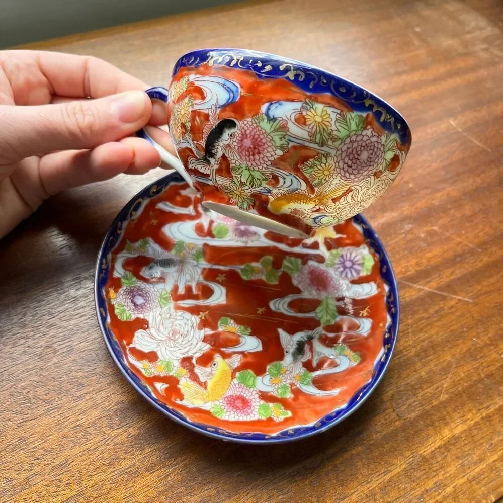 VTG Japanese Koi Fish Teacup & Saucer Set Red Floral Cobalt Rim Porcelain